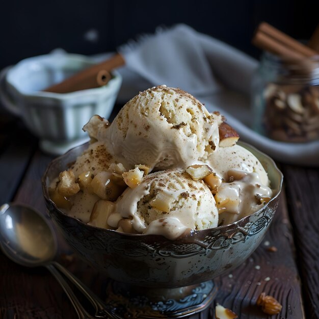 a bowl of ice cream with a spoon and a spoon on the table