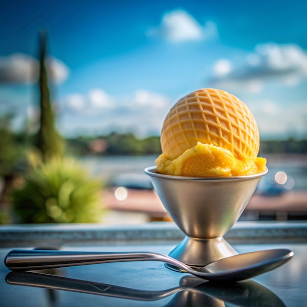 Photo a bowl of ice cream with spoons and spoons on a table