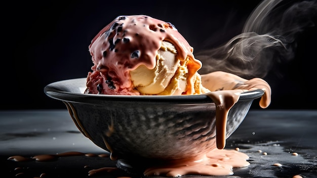 A bowl of ice cream with a steam rising from it.