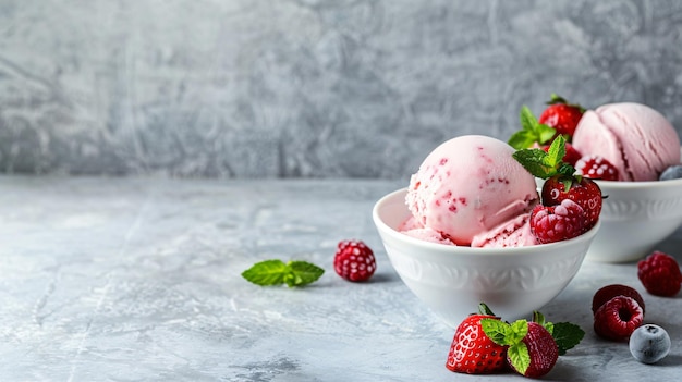 a bowl of ice cream with strawberries and mint leaves