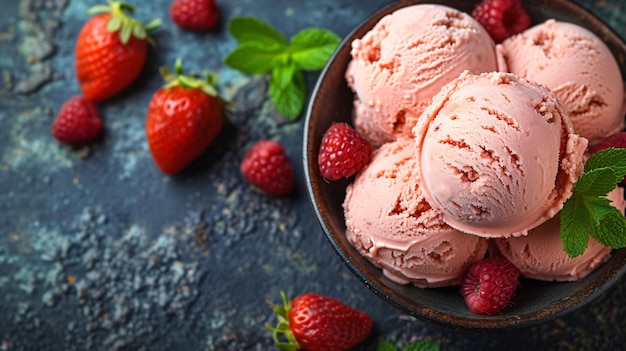 a bowl of ice cream with strawberries and mint