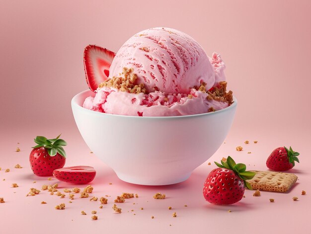 a bowl of ice cream with strawberries and a strawberry cookie in it