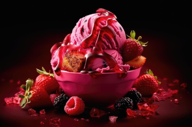 A bowl of ice cream with a strawberry sauce on top.