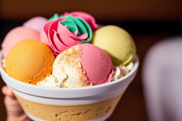 A bowl of ice cream with a swirl of green and pink icing.