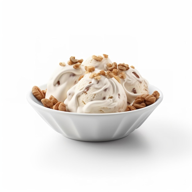 A bowl of ice cream with walnuts and nuts in it.