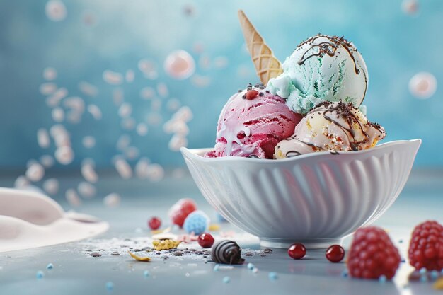 Photo a bowl of ice cream with a white bowl of ice cream on it