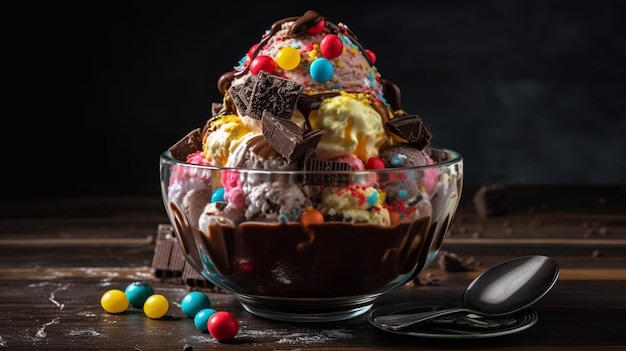 A bowl of ice cream with the word candy on it