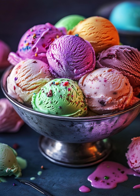 Photo a bowl of ice creams with a purple and green color