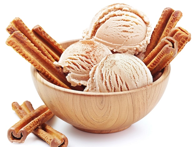 a bowl of ice creams with a wooden bowl of ice cream