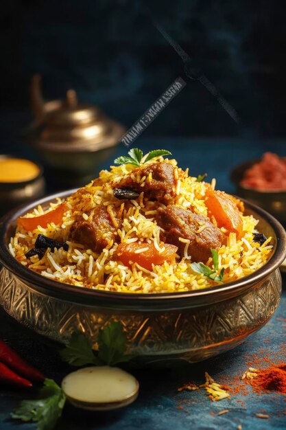 Photo a bowl of indian chicken biryani with meat and rice