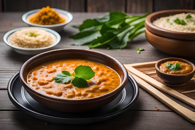 A bowl of indian food with a bowl of curry and rice on the table.