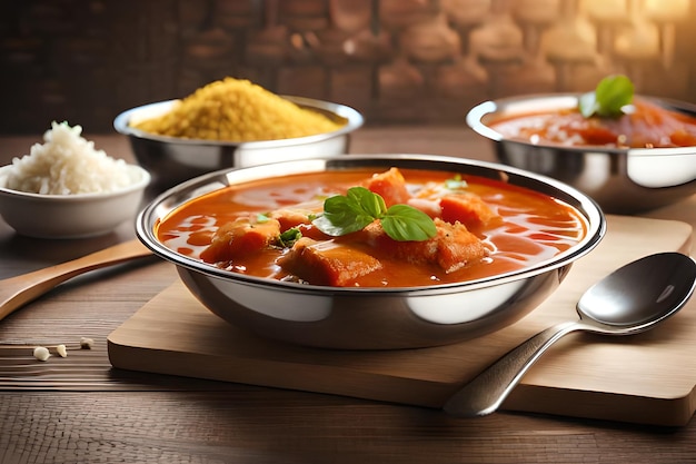 A bowl of indian food with a spoon and a bowl of yellow rice.