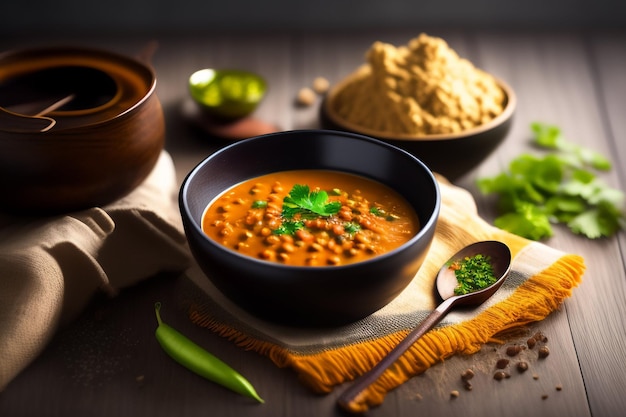 A bowl of indian lentil curry with a spoon next to it