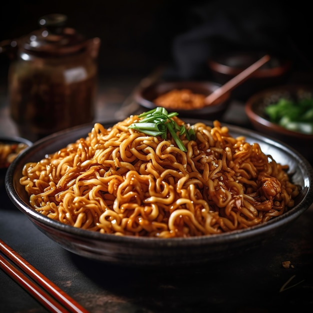 A bowl of instant noodles with a bowl of spicy sauce.