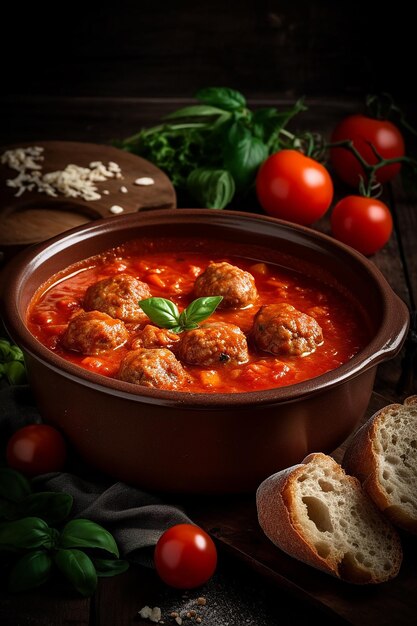 A bowl of italian meatballs with tomato sauce and bread on a table