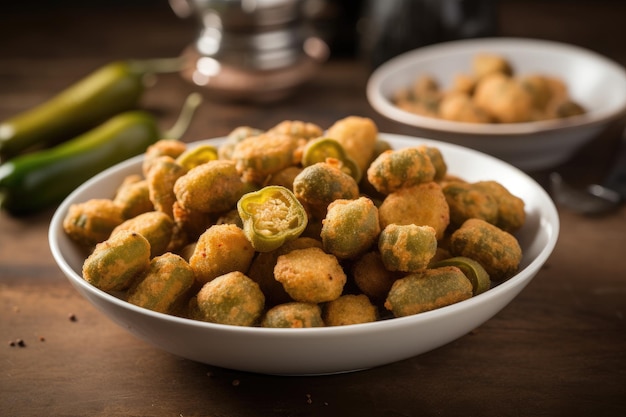 A bowl of jalapeno peppers sits on a table next to a bowl of jalapeno peppers.