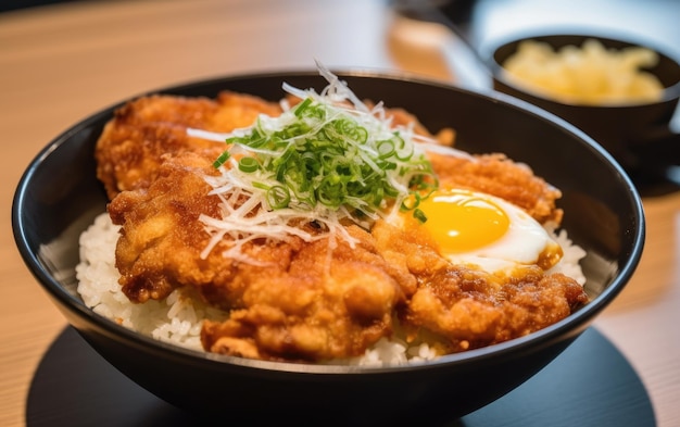 A bowl of japanese food with a fried egg on top.