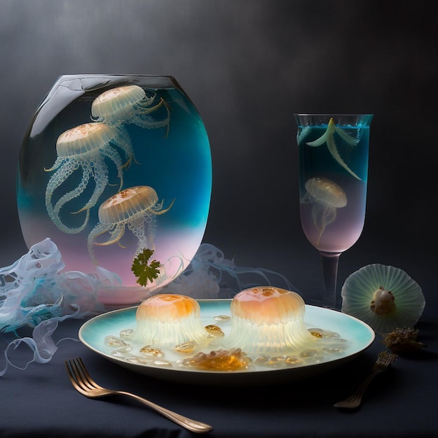 A bowl of jellyfish next to a plate with a fish on it.