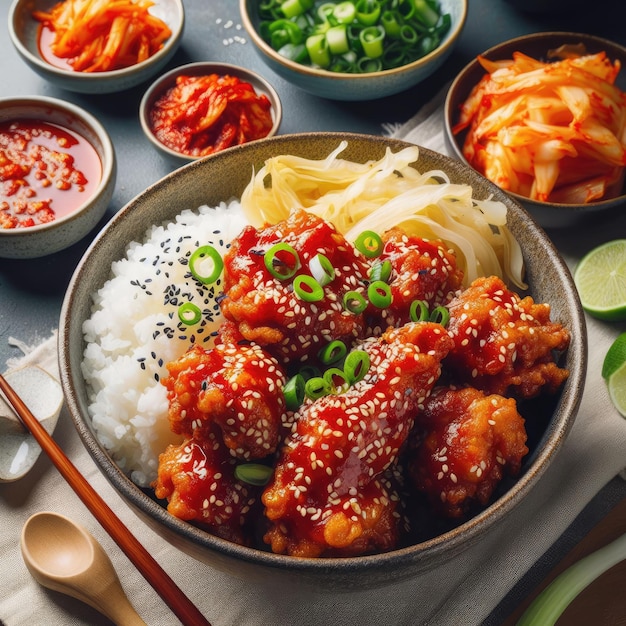 A bowl of Korean fried chicken coated with spicy gochujang sauce sprinkled with sesame seeds and sc