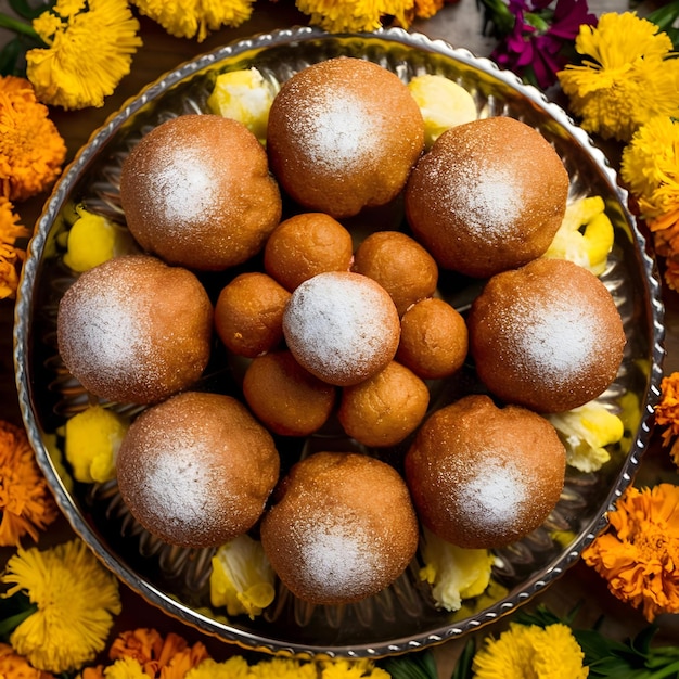 Photo a bowl of laddus with flowers and flowers in it