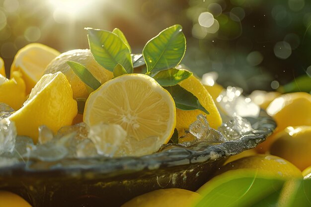 a bowl of lemons and leaves