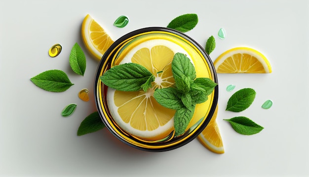 A bowl of lemons and mint leaves on a white background