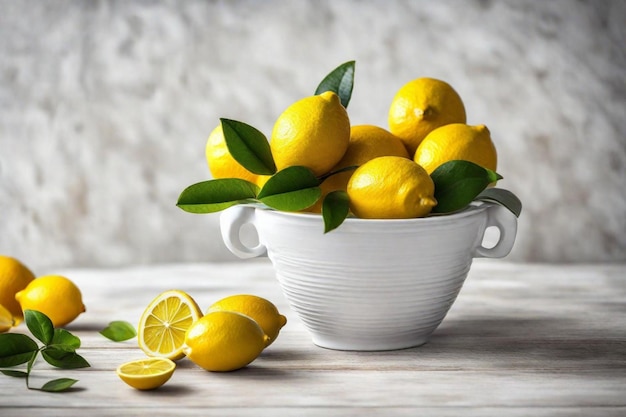 Photo a bowl of lemons with green leaves and a lemon on the side