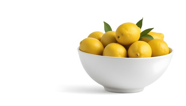 Photo a bowl of lemons with leaves in it and a white background