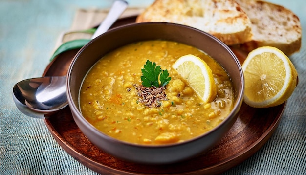 Photo bowl of lentil soup shorbat adas with lemon wedges