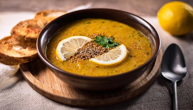 Photo bowl of lentil soup shorbat adas with lemon wedges