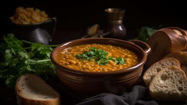 A bowl of lentil soup with bread on the side