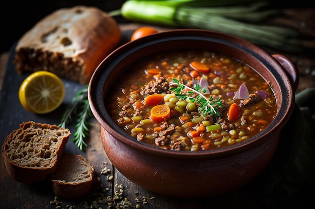 A bowl of lentil soup with bread and a sprig of thyme.