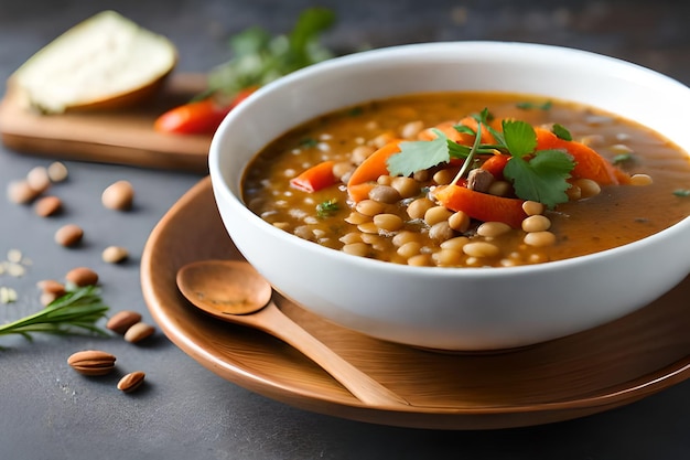 Photo a bowl of lentil soup with a slice of lemon on the side.