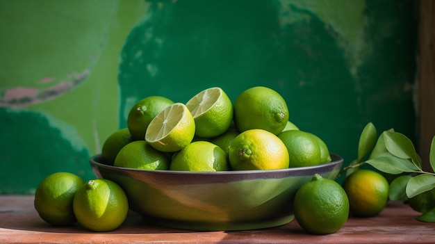 A bowl of limes sits on a table with a green background.