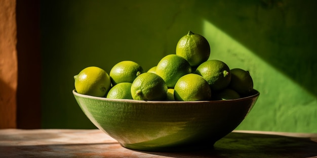 A bowl of limes on a table