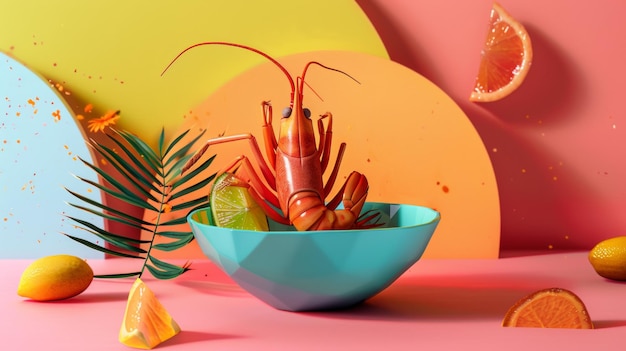 a bowl of lobsters and a palm leaf are on a pink table