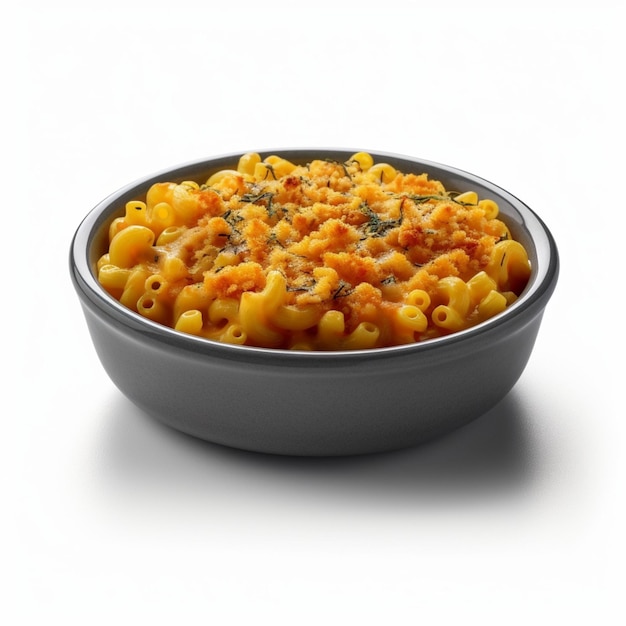 A bowl of macaroni and cheese is shown on a white background.