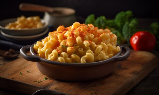 Bowl of macaroni and cheese with broccoli in the background Generative AI