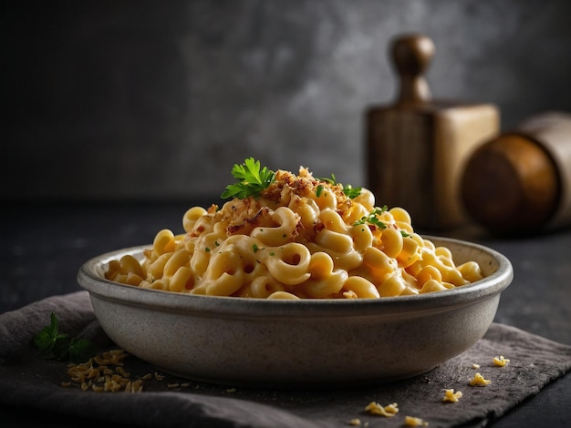 Photo a bowl of macaroni and cheese with a piece of parsley on top