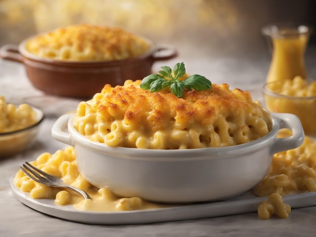 a bowl of macaroni and cheese with a spoon next to it.