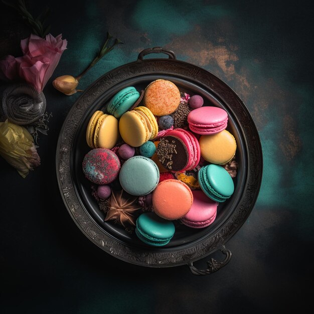 A bowl of macaroons and a star on a dark background