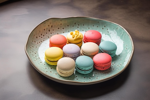 A bowl of macaroons with a yellow cream on it