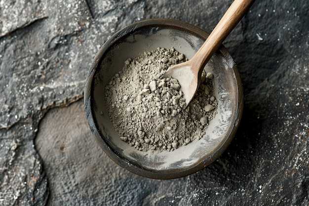 A bowl of magnesium powder clay powder with a wooden spoon on a stone surface