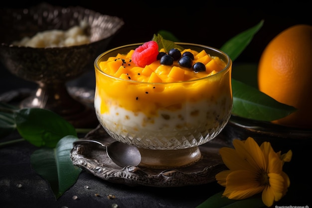 A bowl of mango and coconut porridge with a pumpkin on the side.