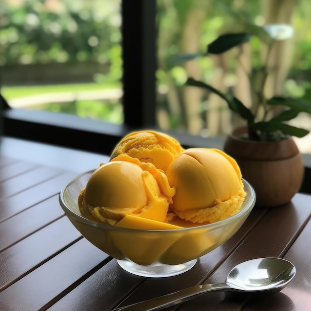 A bowl of mango ice cream sits on a table next to a window.