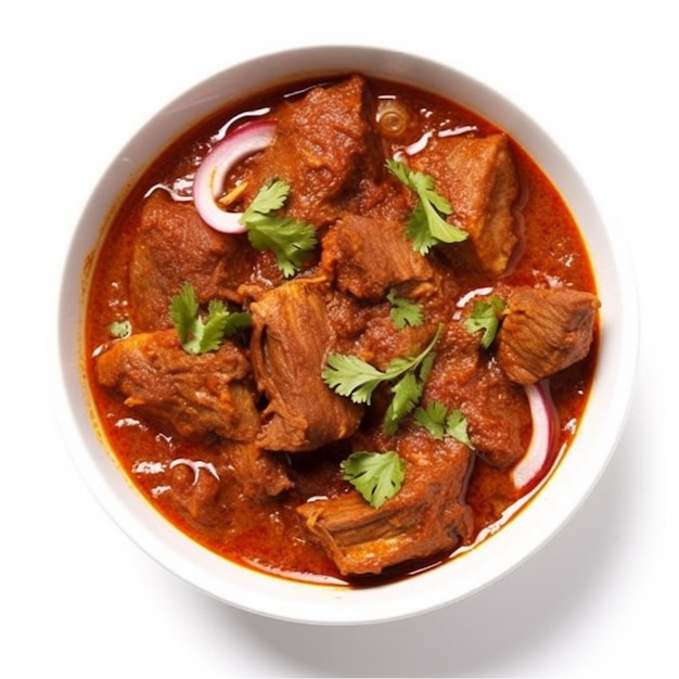 a bowl of meat and vegetable soup with a white rim.