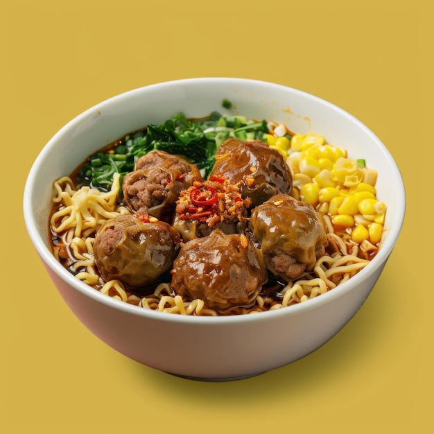 Bowl of Meatball Ramen with Corn and Greens