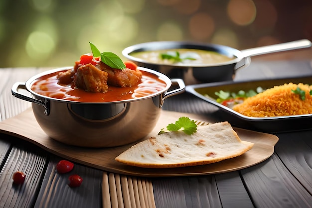 A bowl of meatballs and curry on a wooden table