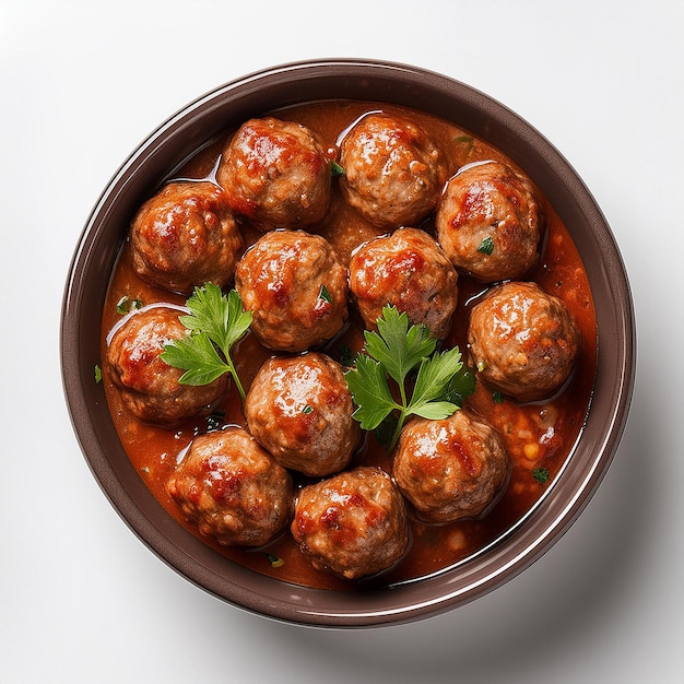 a bowl of meatballs with a green garnish on top of it