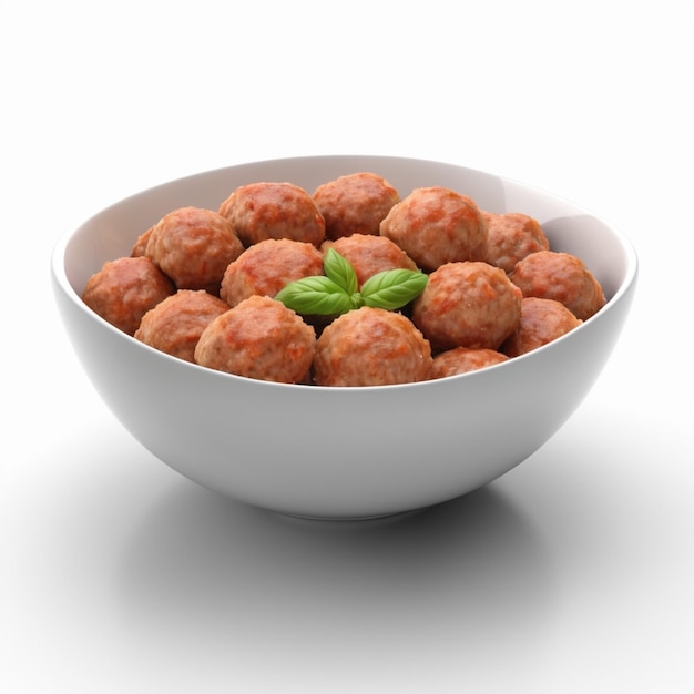 a bowl of meatballs with a green leaf on the side